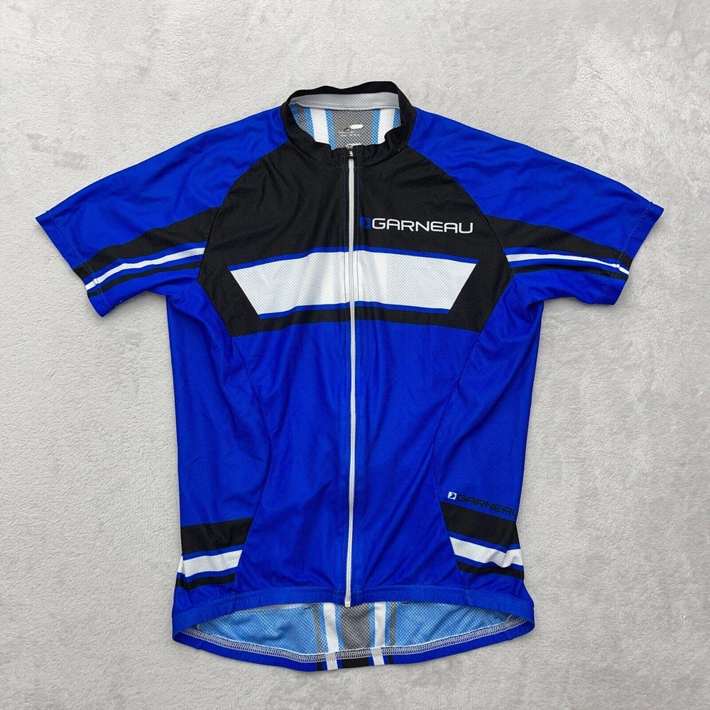 Louis Garneau Men's Small Blue Black Cycling Jersey Full Zip Pockets Logo